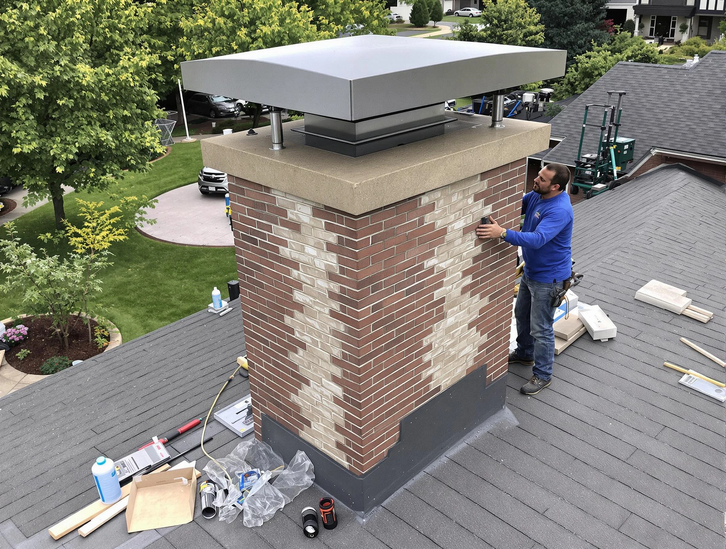 The Village Chimney Sweep team working on a custom chimney remodel in The Village, OK